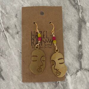 BRAND NEW Handmade Made Brass Theatre Mask Beaded Earrings, Pink and Green